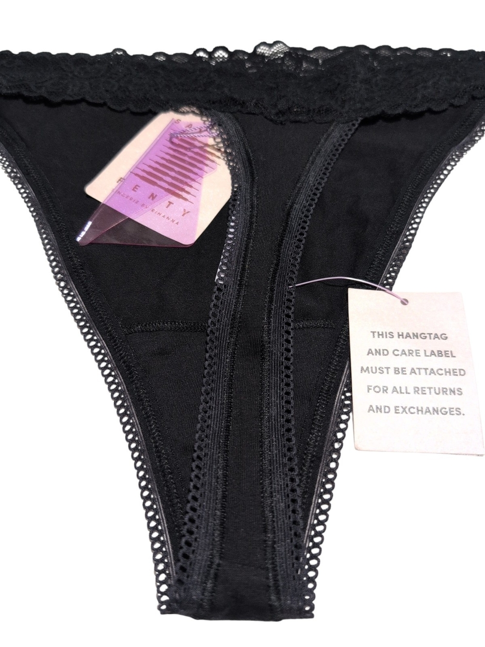 Savage X Fenty Black Lace Trim Microfiber Thong Underwear XL NWT